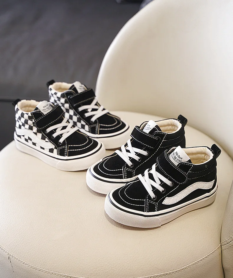 Boys Girls High Top Canvas Shoes Children New Fashion Hook and Loop Casual Board Shoes Kids Soft Sole Non Slip Athletic Shoes