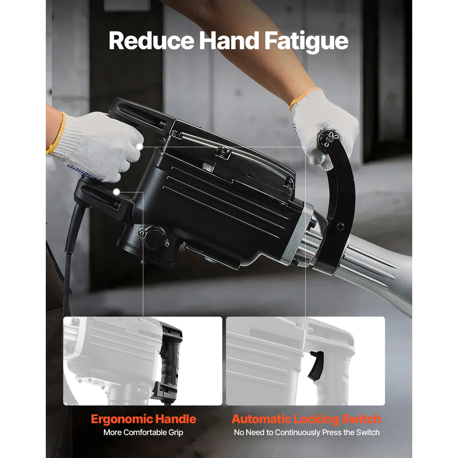 SucceBuy 철거용 잭 해머 2800W 강력한 전기 잭해머 1200 BPM 콘크리트 브레이커 운반 케이스 장갑 포함