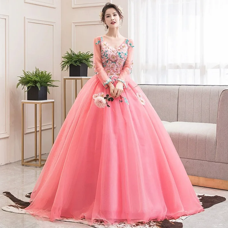 Ball Gown Women Quinceanera Dresses Tulle Appliques Long Sleeves Prom Birthday Masquerade Party Gowns robes de soirée