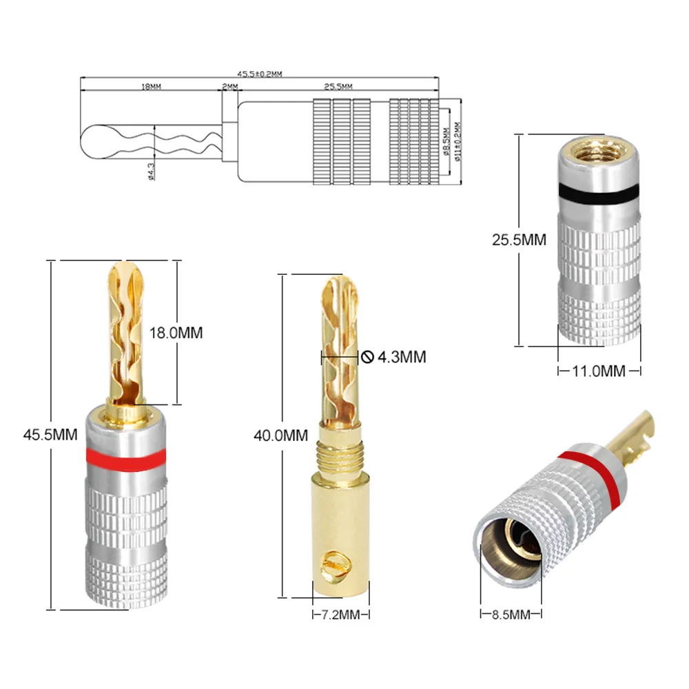 4MM Gold Plated Banana Plugs Audio Jack Speaker Wire Cable Screw Connector Hifi Speaker Banana Pin Plug Adapter Wire Connector