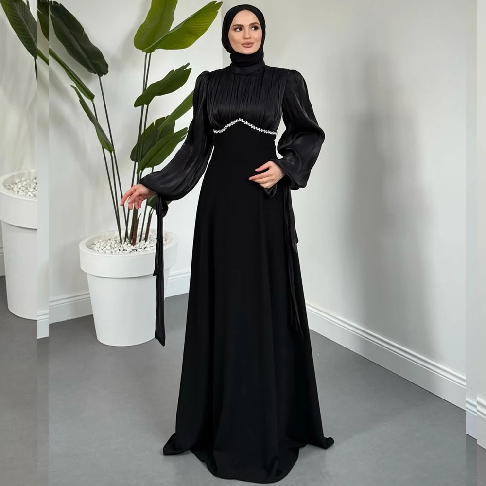 Customized Black Evening Dresses for Muslim Woman Wedding Saudi Arabia Crystal High Neck Luxury Party Dress 2026 Prom Gowns