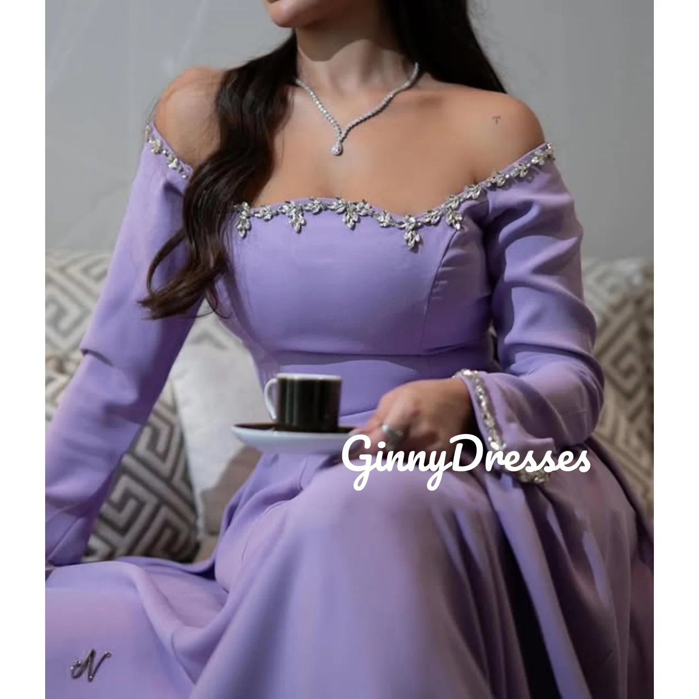 

Трапеция на заказ Лавандовое вечернее платье с открытыми плечами длиной до пола, платья для особых мероприятий, бисер, длинные рукава, молния