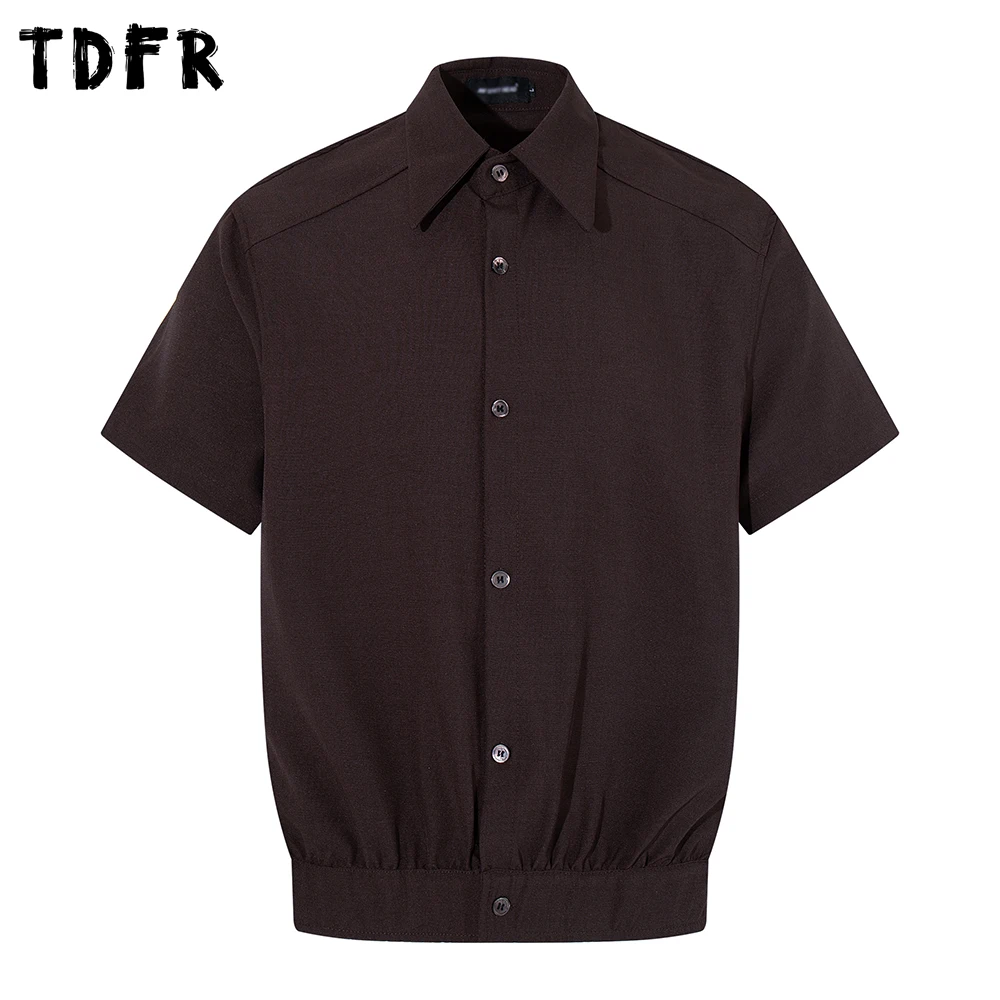 

Solid Color Short Sleeve Shirts Mens Pleated Summer Retro Casual Lapel Single Breasted Loose Shirts Man