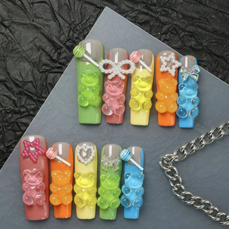 

10 Pieces Sweet Spice Handmade Press On Nails Colorful Exquisite Cute Long Water Pipe Fake Nails Removable Reusable
