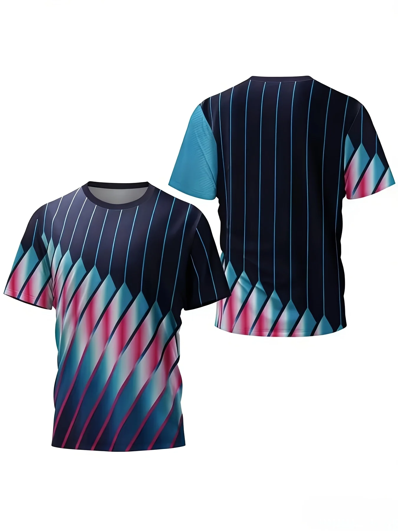 Men High Elastic Quick Dry Sports Compression Shirt Gradient Rhombus Stripe Print Short Sleeve Training Running Top