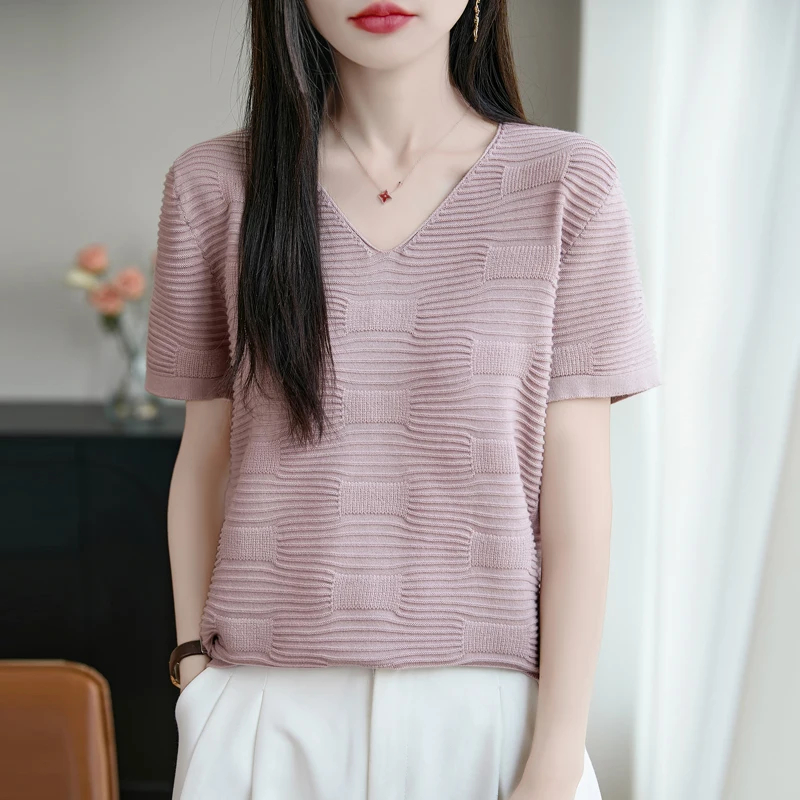 

2025 Summer New Women's 100% Cotton Casual Solid V-neck Pullover Short Sleeve Loose Fitting Korean Knitted Fashion Tops T-shirt