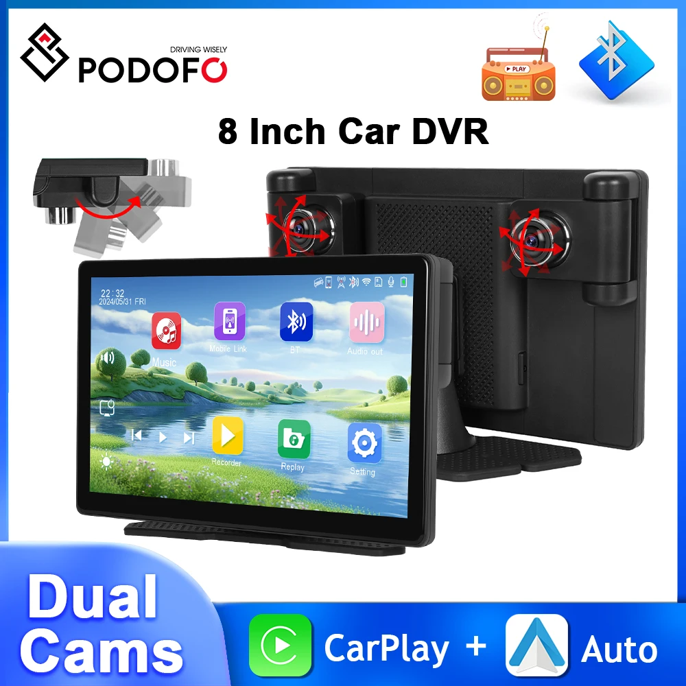 Podofo Carplay Android Auto Car Monitor 3-way Recording & 2.5K Recording Car DVR Dshboard Dual Front Camera Smart Screen Player