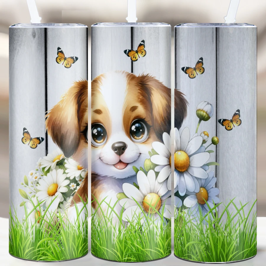 1Pc Casual Water Bottle Straw Lid 20oz Stainless Steel Insulated Coffee Mugs 3D Print Cute Dog Home Christmas Party Gift Tumbler