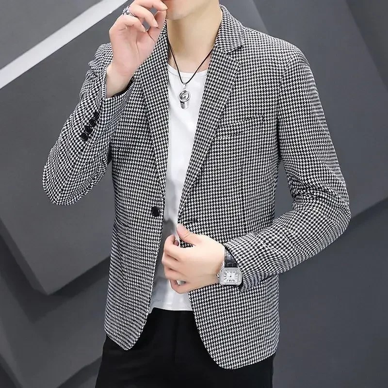 

Boutique S-4XL Men's Fashion Elegant Gentleman Youth Business Casual Slim Dress Fine Plaid British Style Korean Version Blazer