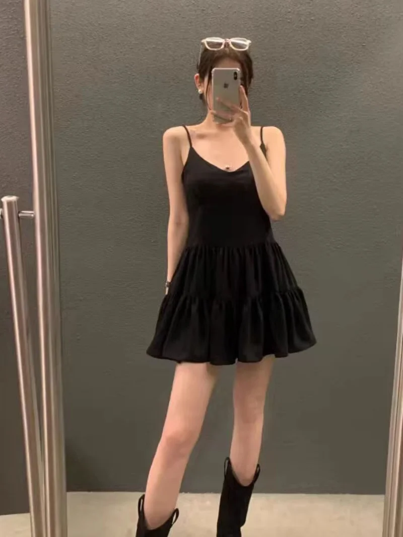 エレガントな V ネックストラップドレス女性の若々しい人形ハイウエスト痩身黒ミニ夏韓国スタイル A ラインガウン袖なし