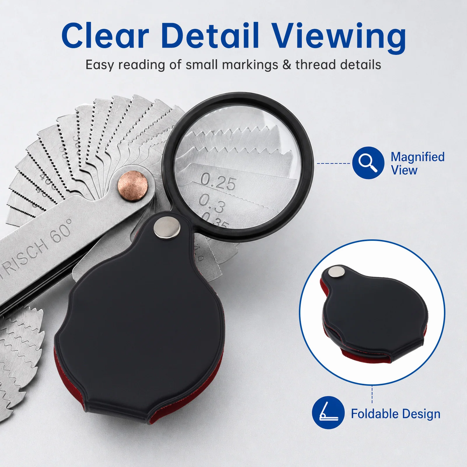 58 pcs Metal Nut 55 Degree & Metric 60 & US 60 Degree Thread Pitch Gauge for Measurement with Optical Glass Lens Mini Magnifier