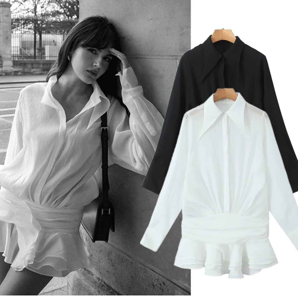 

Dave&Di ashion Blogger Pleated Sexy Mini Dress Women Long Sleeve Solid Lyocell Long Shirt Mini Dress