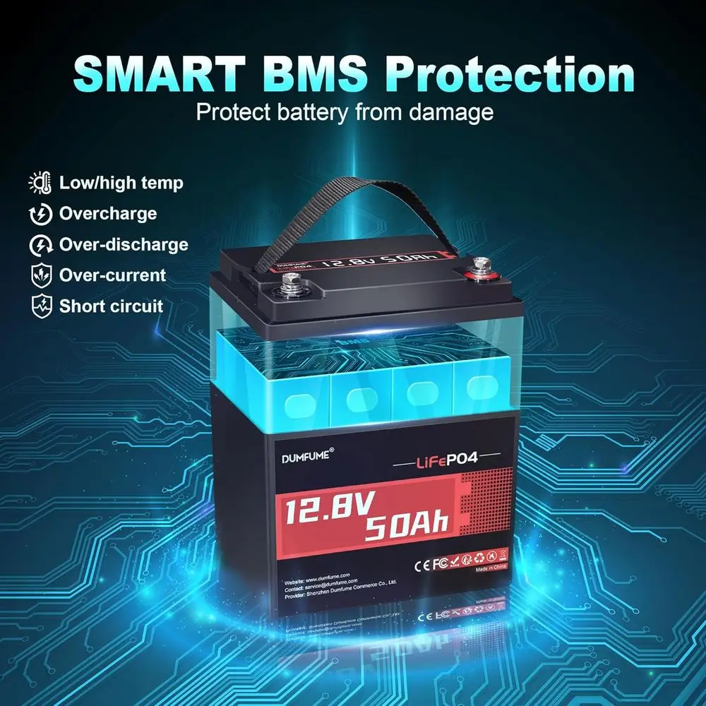 12V 50Ah LiFePO4 Deep Cycle Battery with 640Wh, 50A BMS, Low Temp Protection for Solar, RV, Home Power