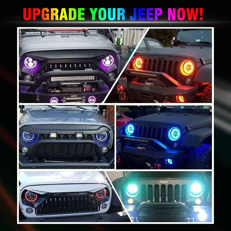 2PCS 7 Inch Round APP Control Car LED Headlights RGB Halo Ring Angel Eyes Off Road H13 H4 LED Lamp For Wrangler Harley Jk Tj Lj