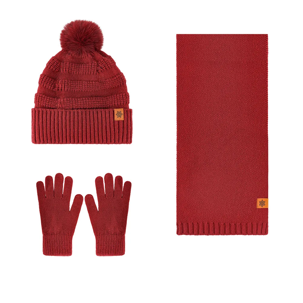 Women's Autumn and Winter Knitted Hat Scarf Gloves Three-piece Set Double-layer Warm Solid Color Wool Pullover Hat
