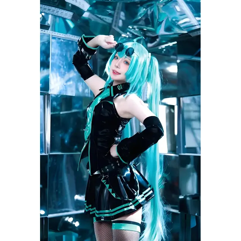 Anime Miku Cosplay Full Set Costume 16th Edition Leather Midi