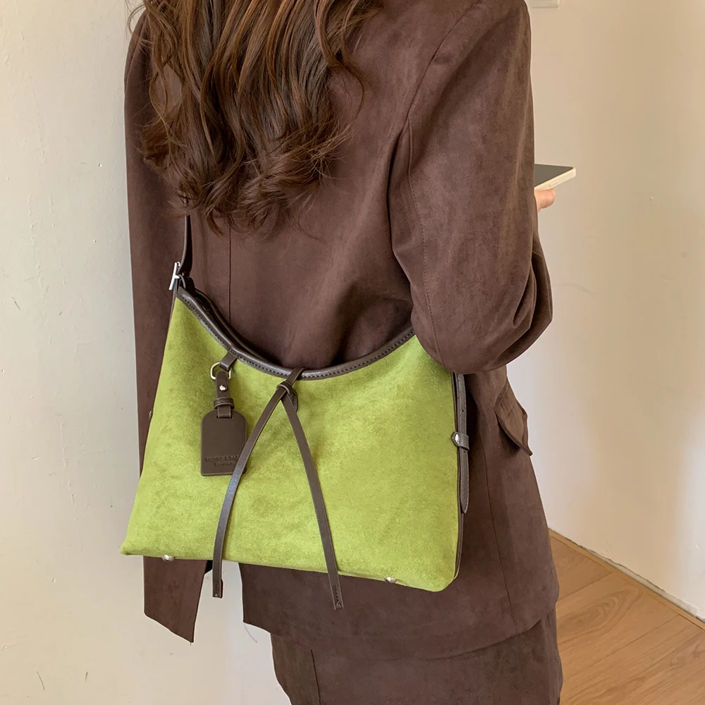 Green Suede Pu Patchwork Single Shoulder Bag Women's High Grade Soft Large Capacity Tote Bags Daily Commute Crossbody Packs