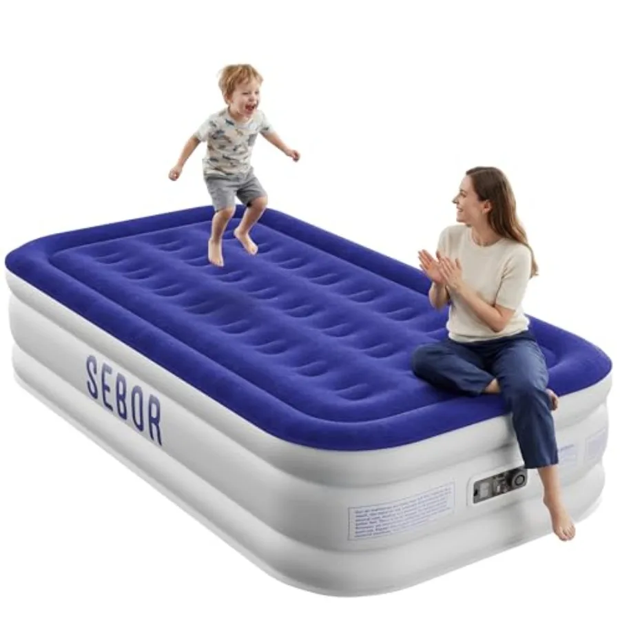 Air Mattress Twin for Guests Camping Travel, PVC Material, Gray, Built-in High-Speed Pump Self-Inflating Comfort with Storage B