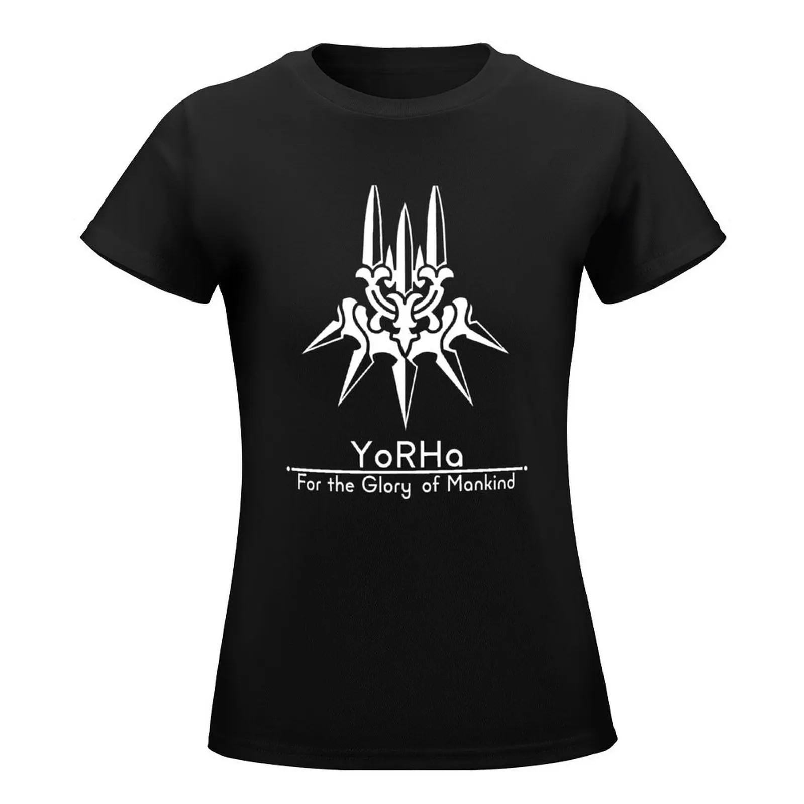 YoRHa + Motto Black Background T-Shirt vintage clothes summer tops graphics korean Women's clothes image 2