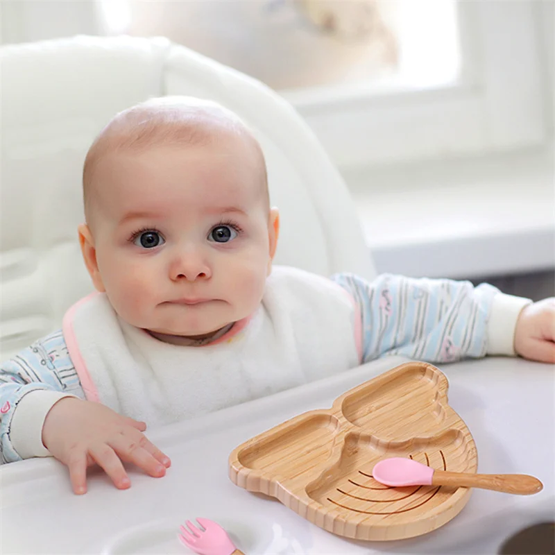 Baby Wooden Tableware Set Wooden Handle Fork Spoon Could Bamboo Wooden Plate Bowl Silicone Suction for Children Feeding Supplies