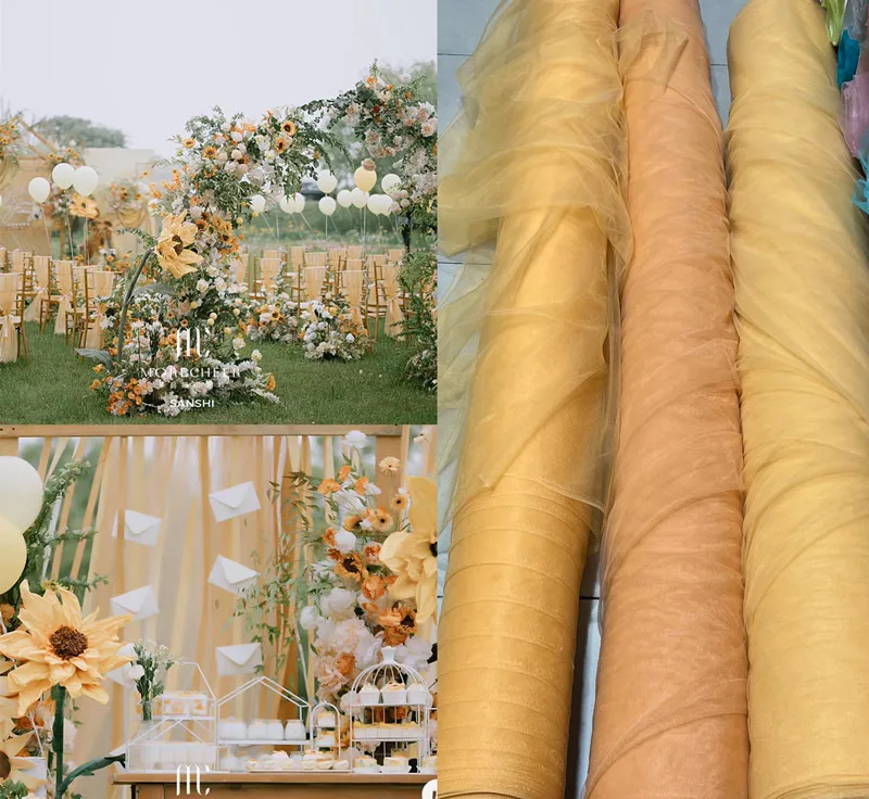 

Orange series mesh fabric with medium hardness sewn with fluffy skirt hem DIYdecoration for wedding background non elastic gauze