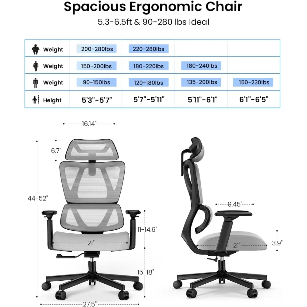 Ergonomische bureaustoelen met 30% dikker zadelvormig veerkussen, grote en hoge mesh-stoel met hoofdsteun voor thuiskantoor