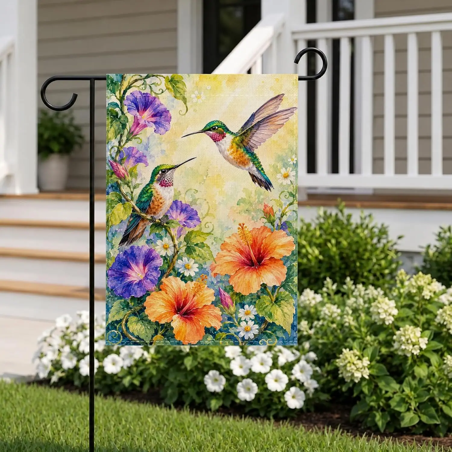 Watercolor Hummingbird Garden Flag 12x18 Inch Double Sided, Spring Summer Floral Yard Flag with Hibiscus, Morning Glory &amp uui