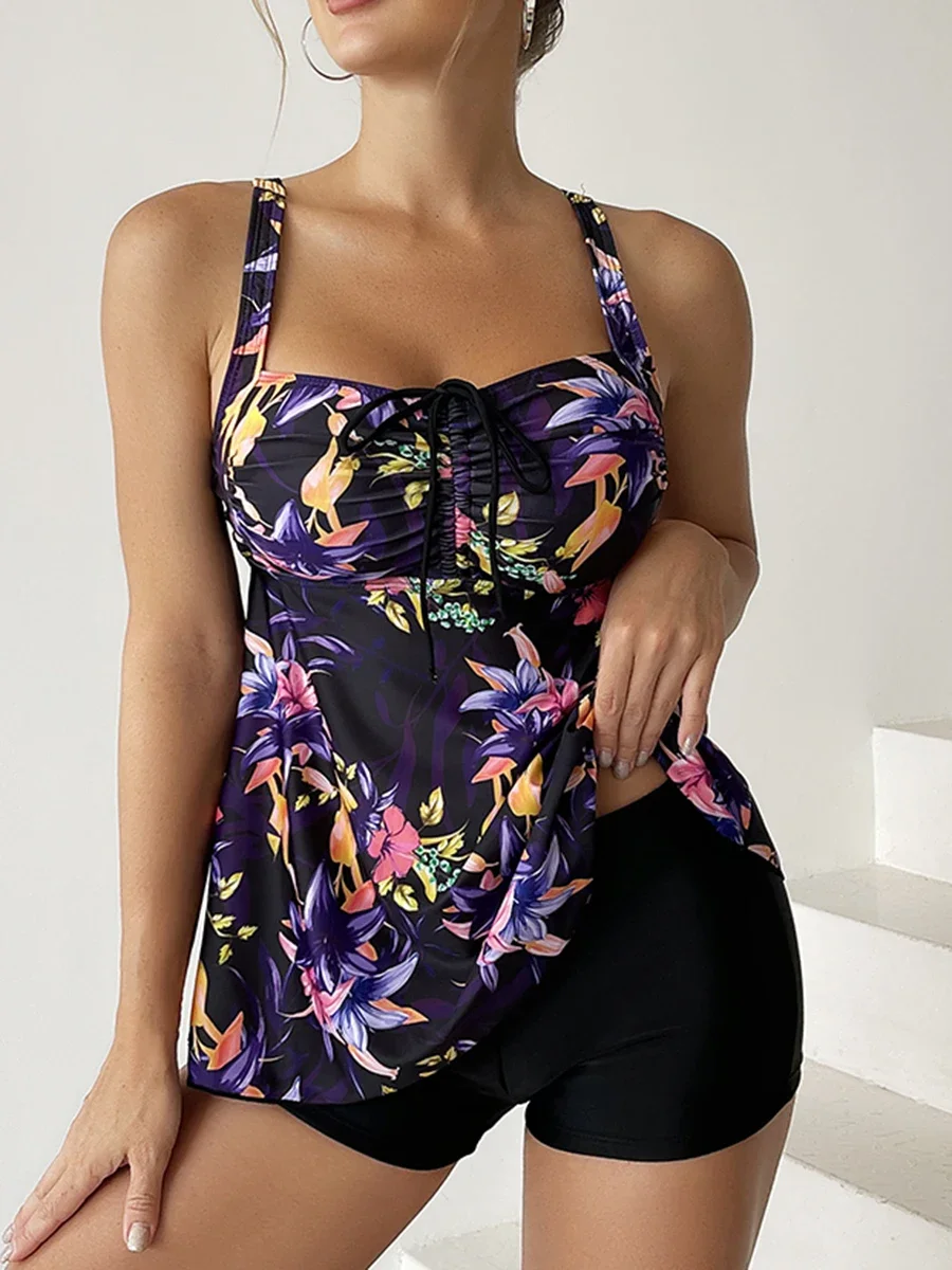 

2023 Floral Printed Tankini Set Two Piece Swimsuit Short Women Drawstring Swimwear Female Bathing Suit Beachwear Swimming Summer
