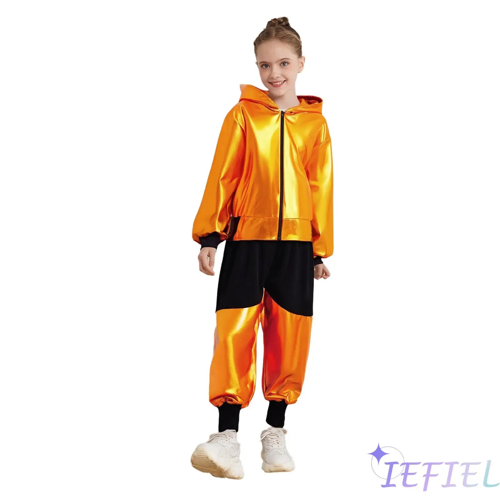 

Kids Girls Boys Hip-Hop Jazz Dance Outfit Long Sleeve Zipper Metallic Hooded Jacket with Elastic Waistband Color Block Pants