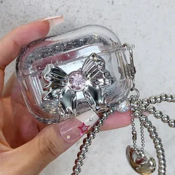 Dreamy Sliver Bow Decor Earphone Case for Apple AirPods 1/2/3 Pro 2 Headset Box Quicksand Hard Shell Cover with Cute Keychain