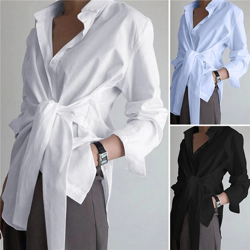 

Fashion Women Long Sleeve Shirt Casual Lace Up Shirts Elegant Lapel Neck OL Asymmetric Tops Spring Blusas Femininas Tunic