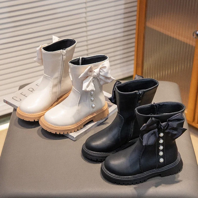Girls Leather Boots with Pearls Simple Non-slip Children Bow-knot Ankle Boots Elegant Kids Fashion Princess Boots Anti-Slippery