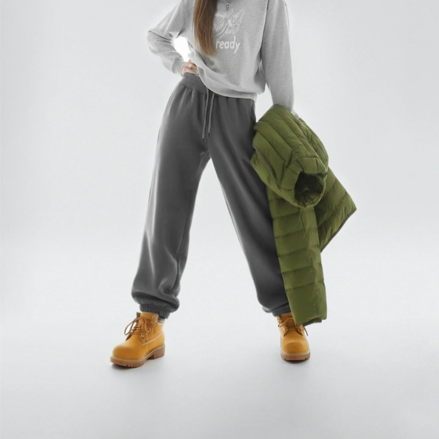 Maden Pantaloni sportivi in pile spesso invernale da donna Pantaloni da jogging caldi Pantaloni termici casual a vita alta accoglienti Grigio scuro