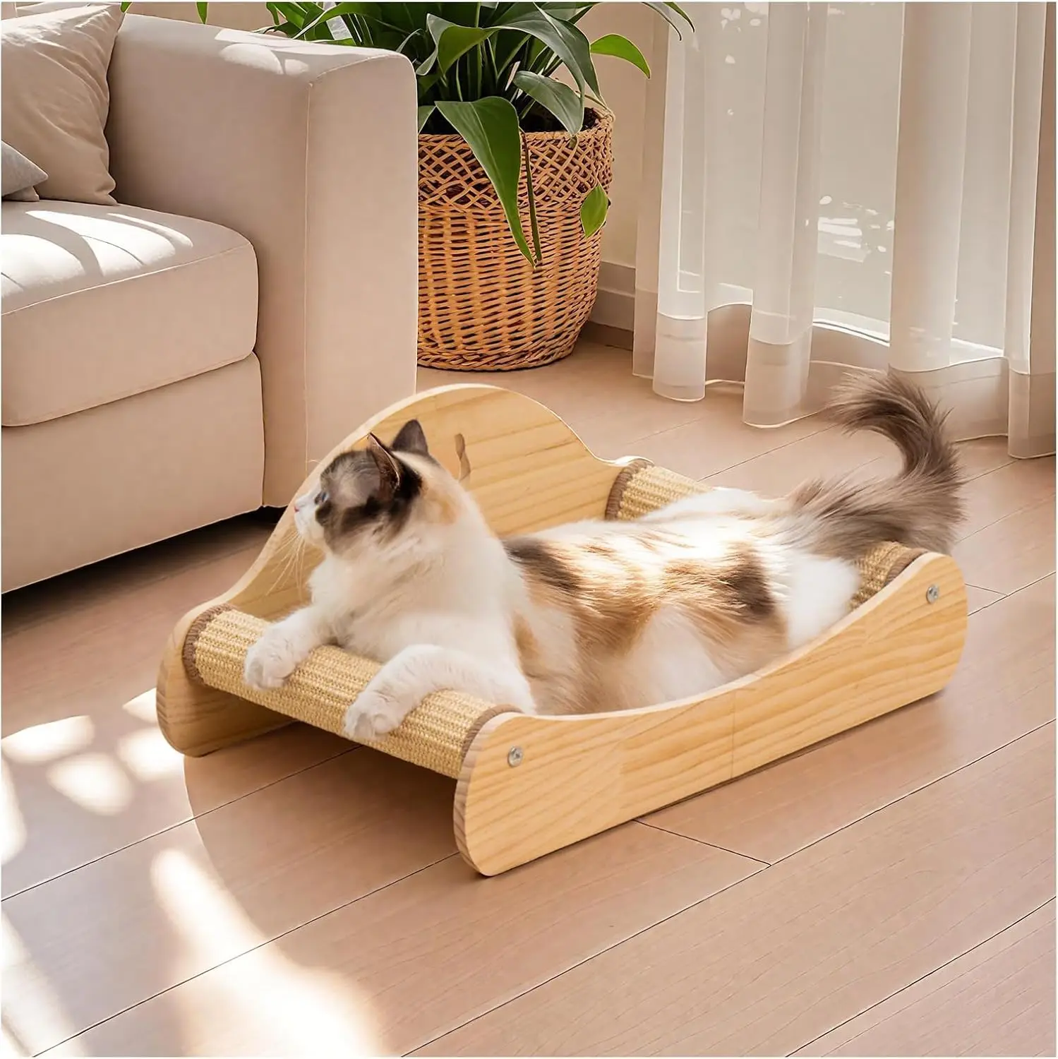 

Solid Wood Cat Scratcher Bed for Indoor Cats, Large Horizontal Sisal Lounge, No-Mess