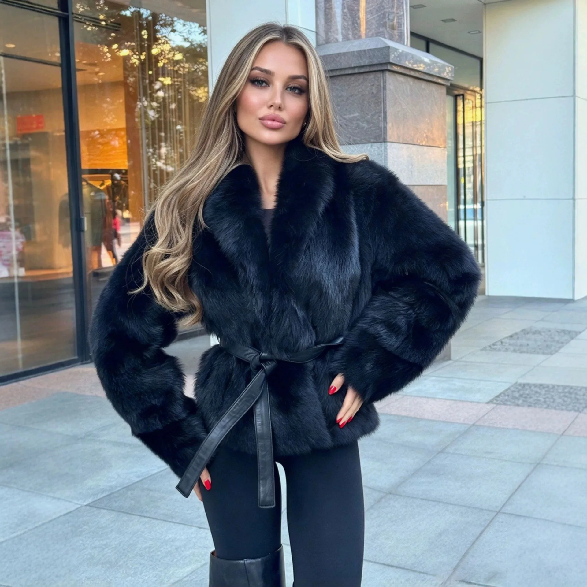 Women Faux Fur Jackets Furry Coat Turn Down Collar Full Sleeve Thick Warm Coats Y2k Streetwear Outerwear Tight Waist Lace Up