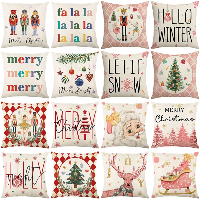 Merry Christmas Sofa Throw Pillow Case Christmas Joy Cartoon Print Linen Pillow Cover Children's Room Decorations Cushion Cover