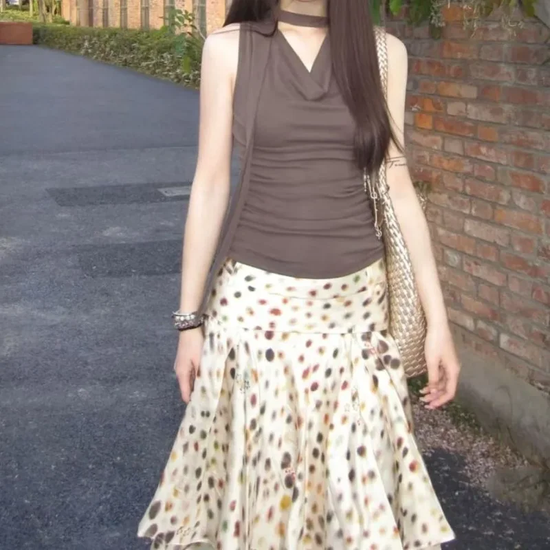 

Women's Boho Polka Dot Layered Skirt High Waist A Line Casual Midi Skirt