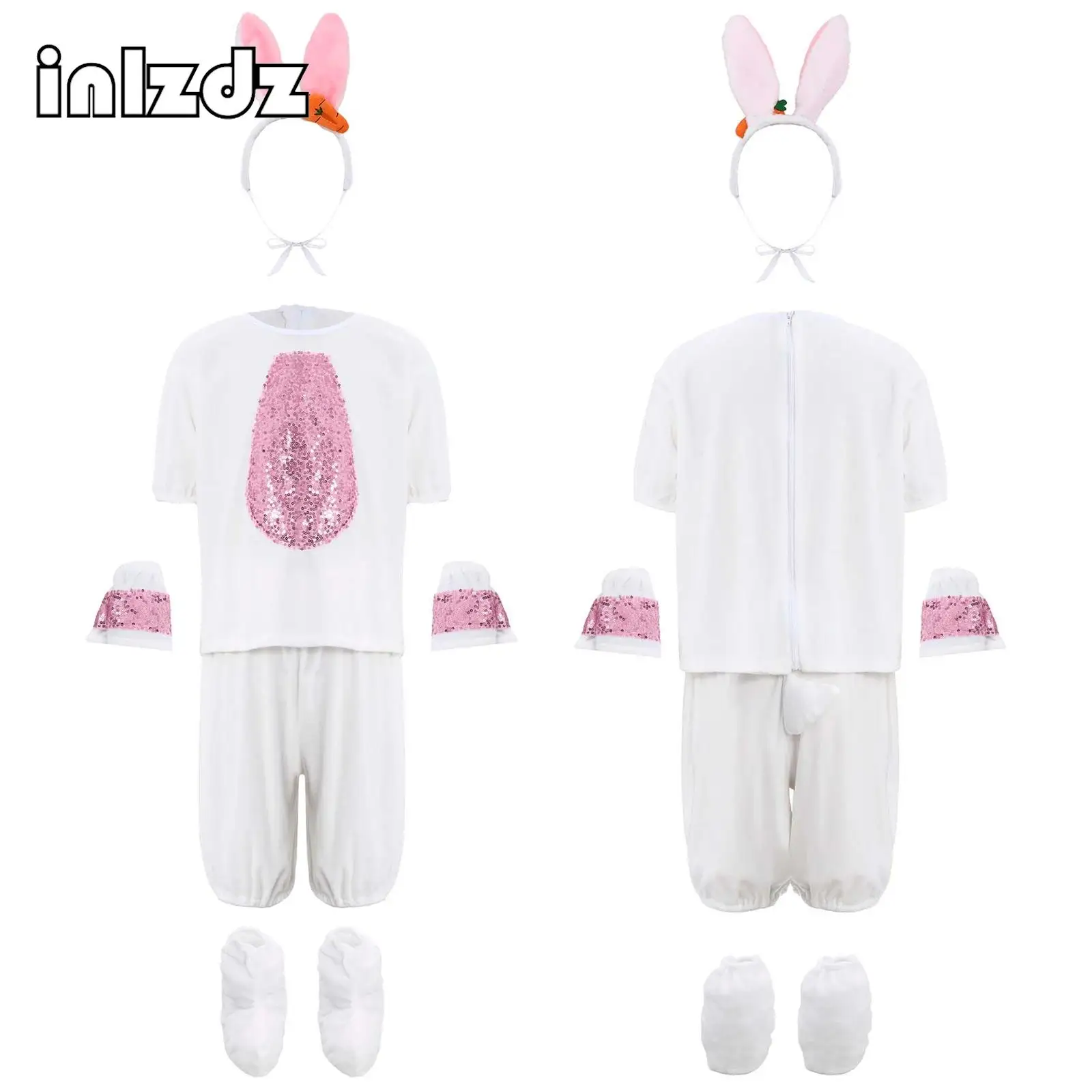 

Kids 5 Pieces Rabbit Animal Performance Costume Outfit Sequins Short Sleeve Top+Shorts+Accessories Sets for School Stage Show