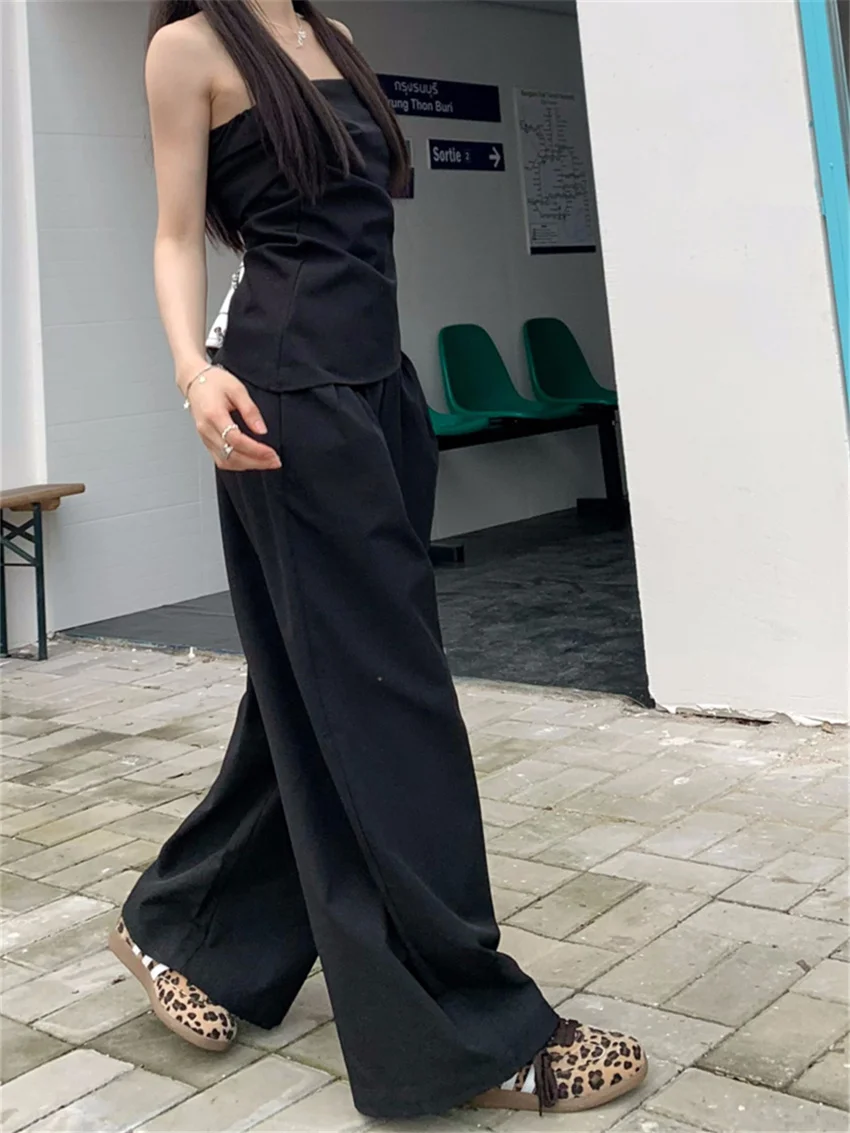 PLAMTEE High Street Women Suits Chic Tank Tops Casual 2024 Elegant Wide Leg Pants Straight Office Lady Fashion Summer Sets