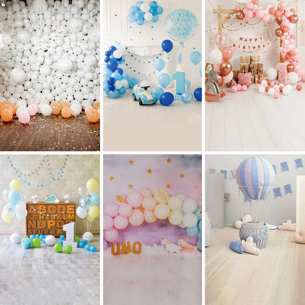 Laeacco สีชมพูน่ารักบอลลูนวันเกิดพื้นหลังถ่ายภาพ1ปีธงประดับวันเกิด Baby Shower ฉากหลังสำหรับถ่ายภาพ