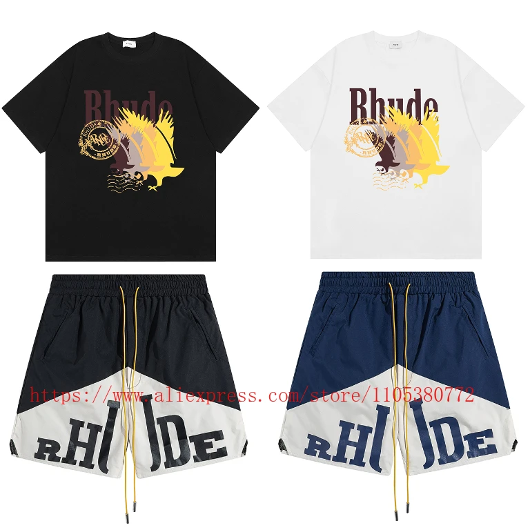 

2026 New RHUDE Men's Color Block Shorts Drawstring Elastic Waist Streetwear Beach Pants Fashionable Casual Style Shorts