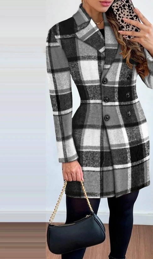 Blazer Woman Autumn Fashion Plaid Pattern Double Breasted Elegant Temperament Notched Collar Long Sleeve Work Long Jacket Coat