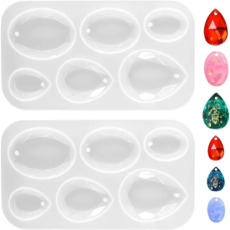 2 Water drop and oval-shaped resin jewelry molds、6 Silicone pendant molds with cavities are used for resin epoxy casting、Resin c