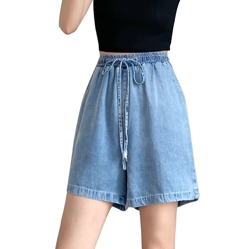 Academy Fengtian injCapris-Short en denim à jambes larges pour femme, short d'été fin et élastique