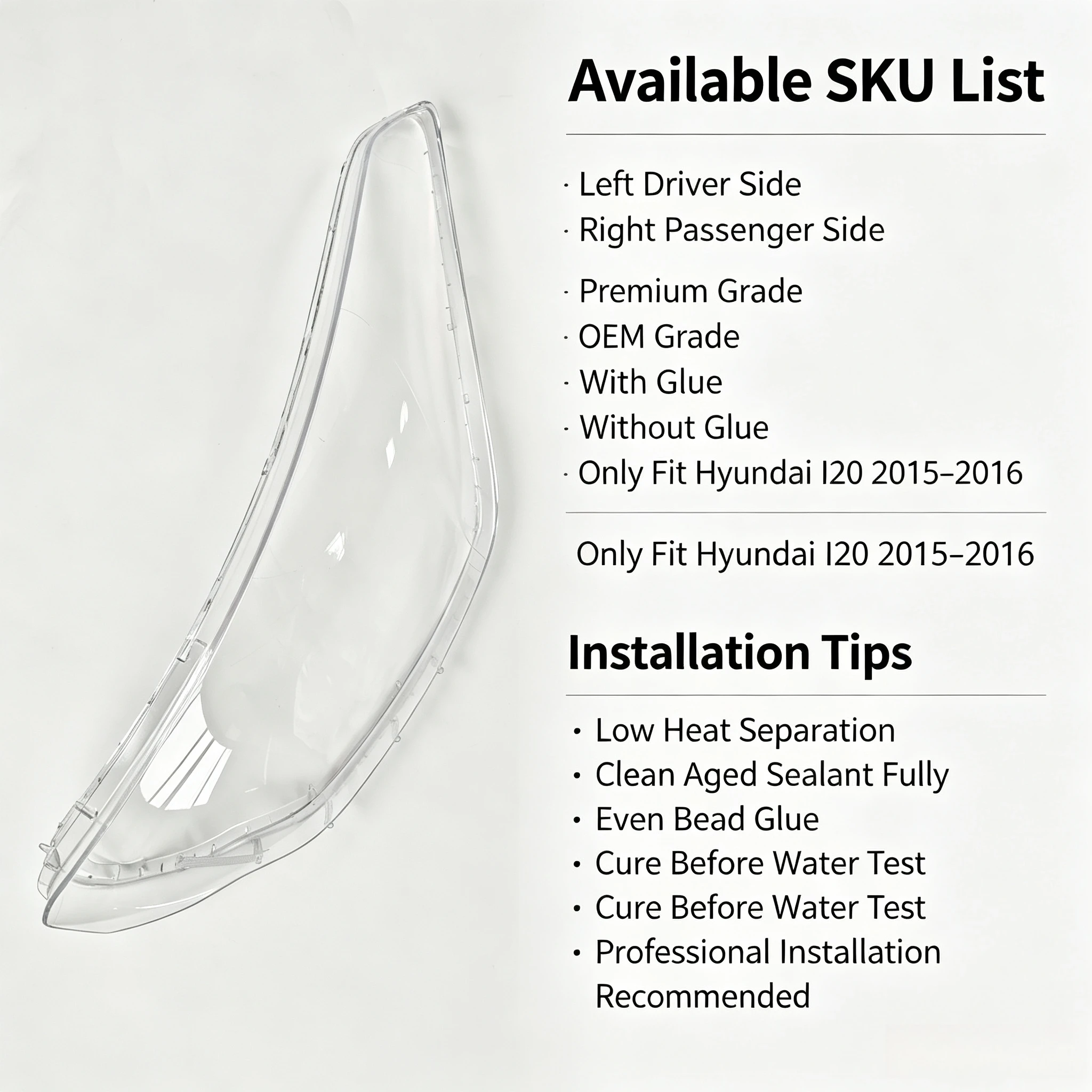 Moggic Headlight Lens Cover Suitable for Hyundai I20 15-16 Base Model Left Right Side Replacement Clear PC Plastic Lamp Shade