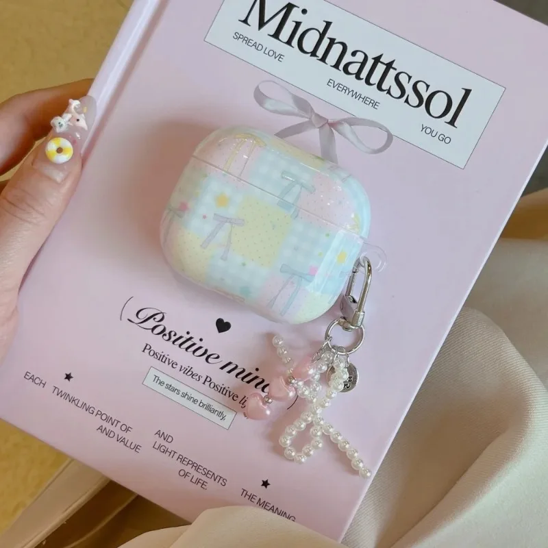 

For AirPods 1/2 3 4 Pro2 Pro 3 2025 Ins Korean Cute Plaid Bow Protective Sleeve Wireless Earphone Case Cover with Pearl Pendant