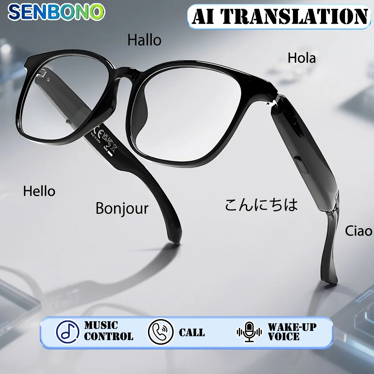 SENBONO AI Translation Smart Glasses Answer/Reject Call Music Control Wake-up Voice Blue Light Blocking Glasses for Men Women