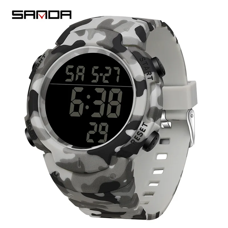 ساعة SANDA 2182 للرجال الإلكترونية المموهة متعددة الوظائف، ساعة بحزام سيليكون مقاومة للماء