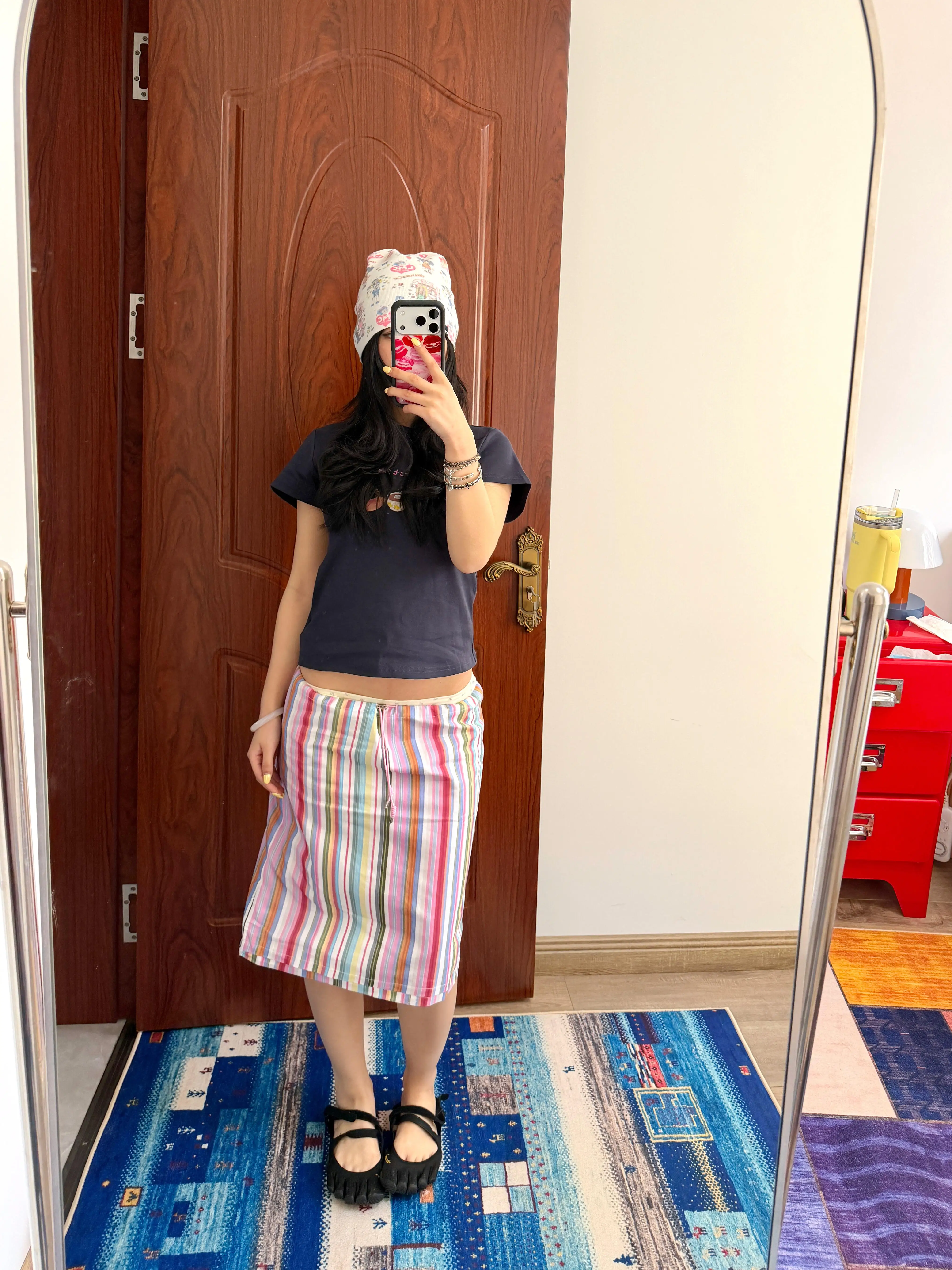 Adjustable Drawstring Design Holiday Stripe Skirt Women's Spring Summer New Style Two-Way Wear Straight Tube Half Skirt
