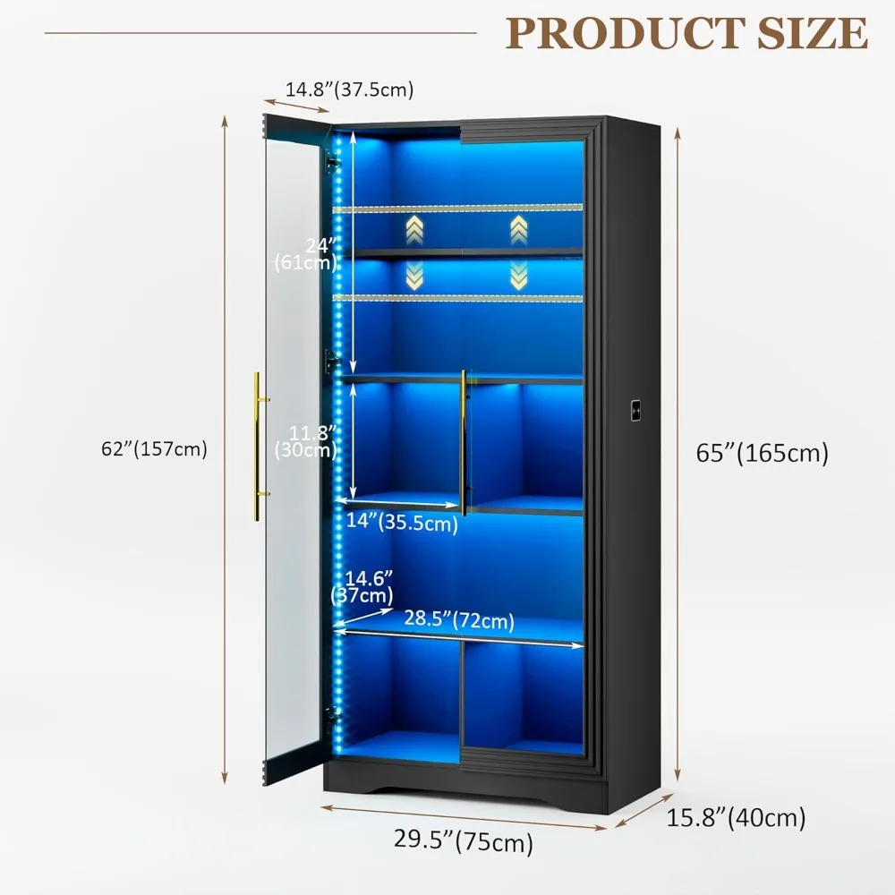 Luxury Glass Door Display Cabinet, 65 High Bookcase with 3 LED Lights and Human Body Sensor, 5-Tier Showcase for Collections